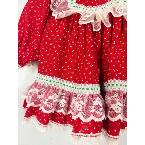 Bryan Girls Toddler Baby Christmas Dress Red Floral Lace Ruffle Button Back Vtg - Picture 3 of 7
